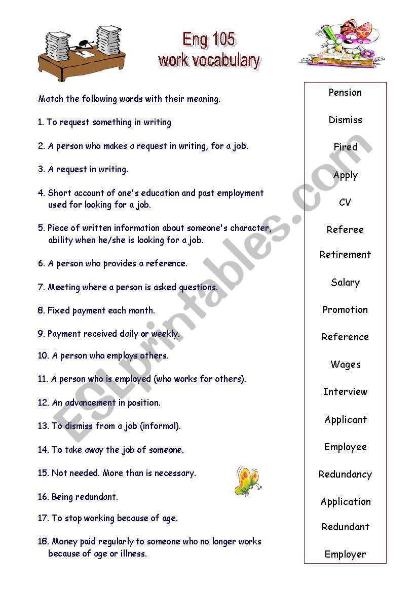 work vocabulary 1 worksheet
