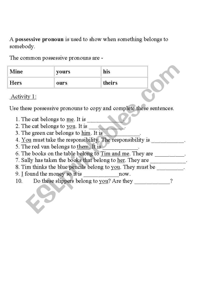 possessive pronouns worksheets