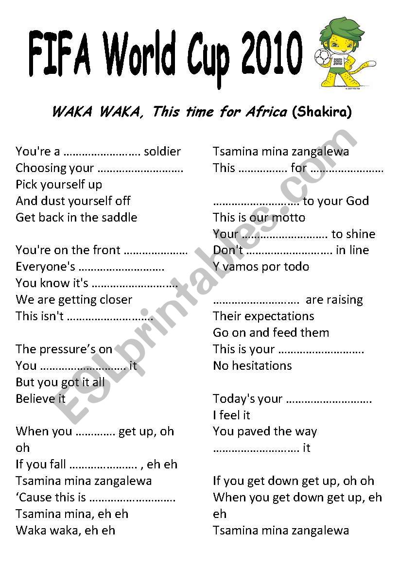 Shakira WAKA WAKA worksheet (World Cup official song) 