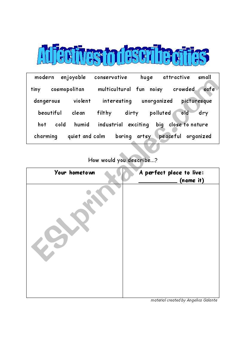 Adjectives to describe cities worksheet