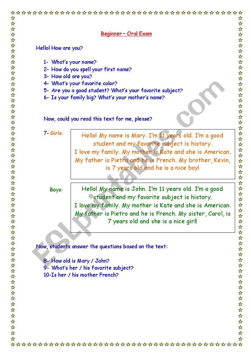 Oral Test - Elementary students