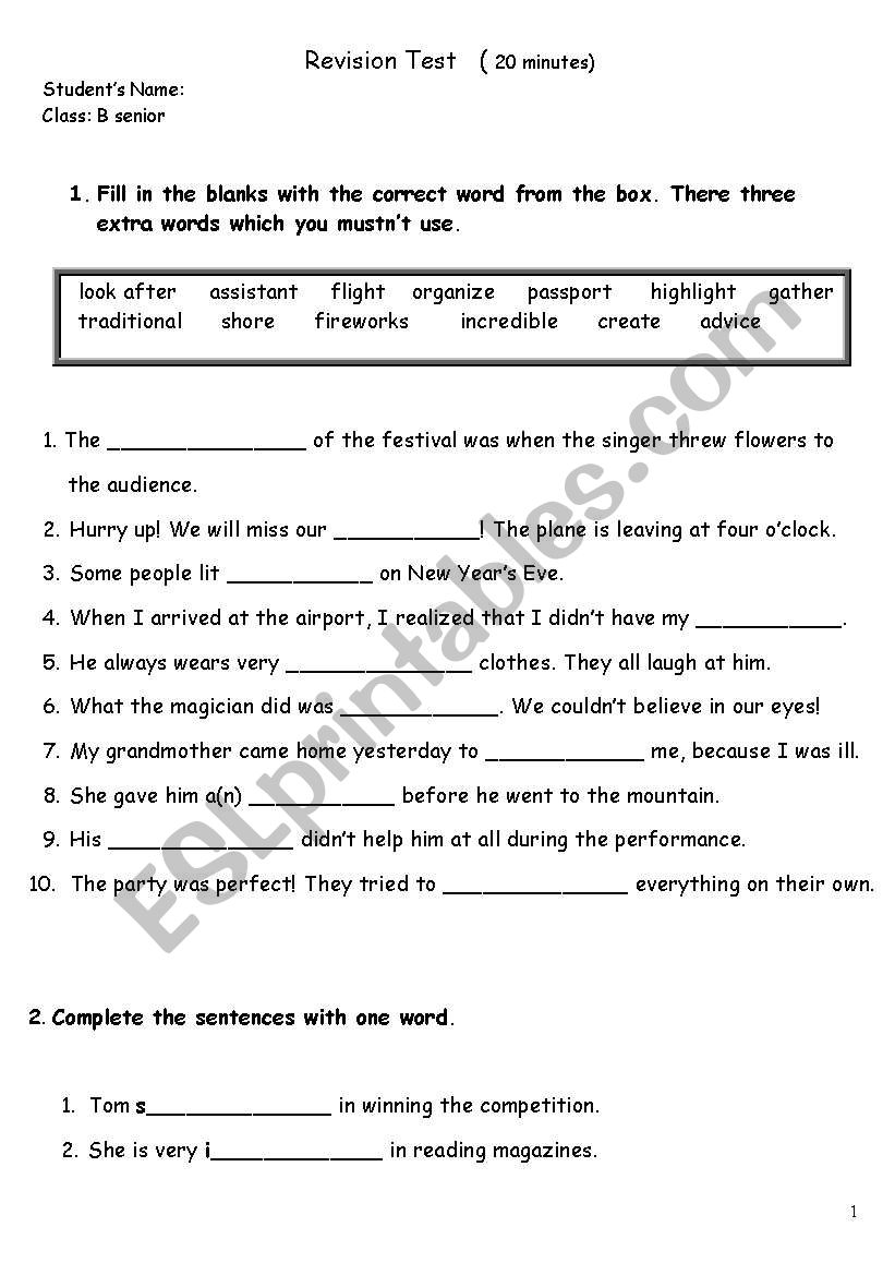 Test on vocabulary worksheet
