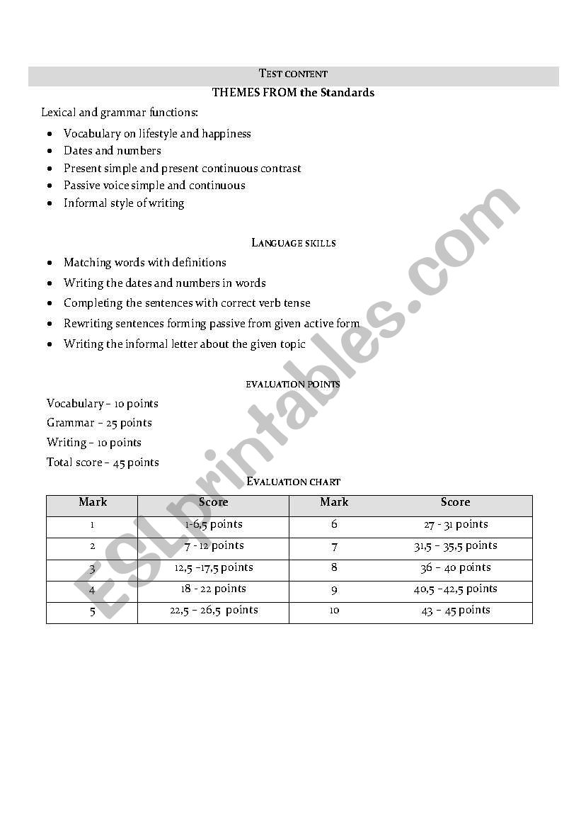 Revision test worksheet