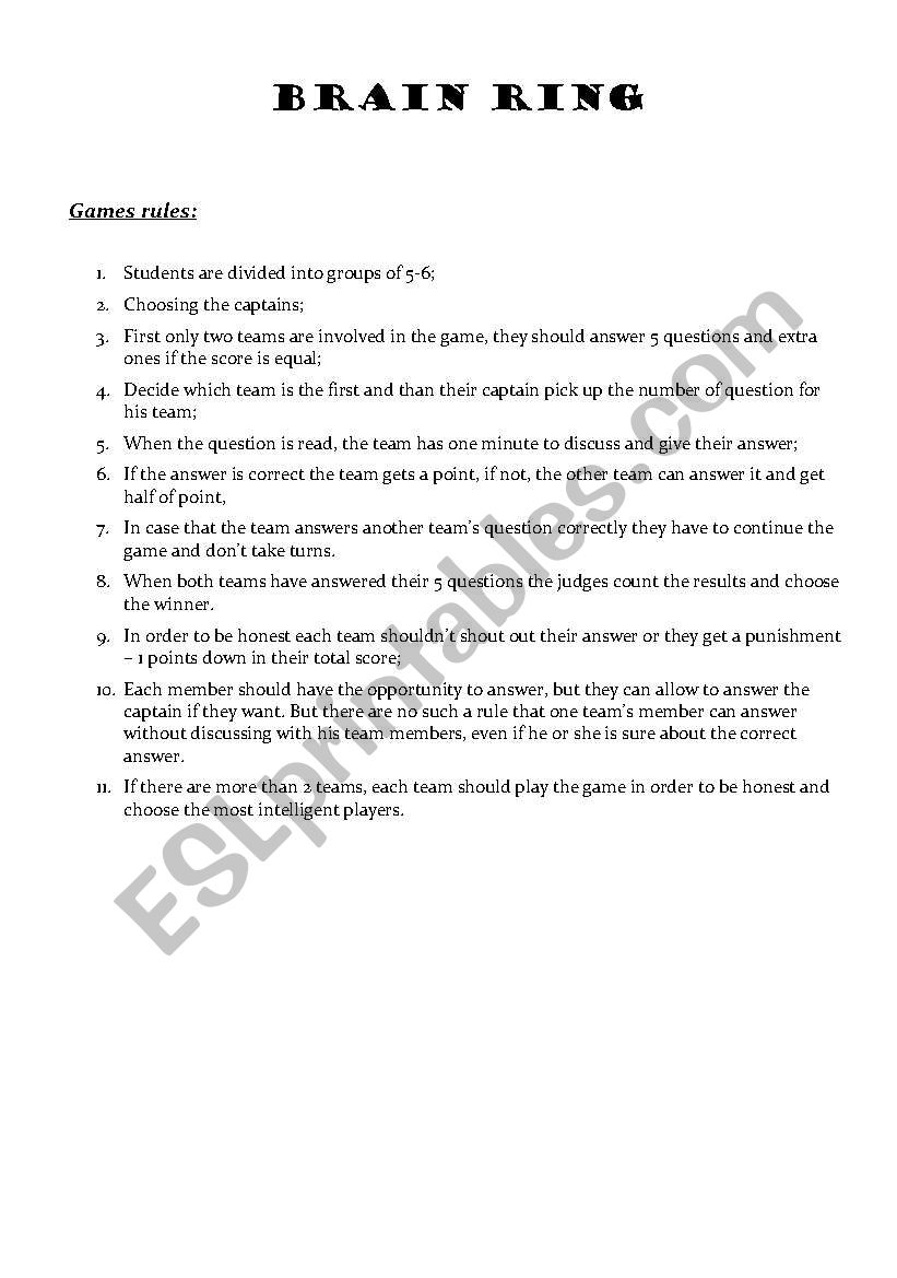 Brain ring game worksheet