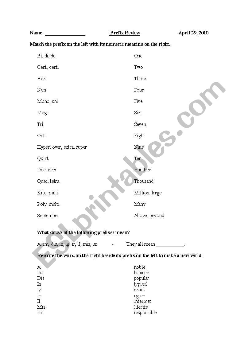 Prefixes and Suffixes worksheet