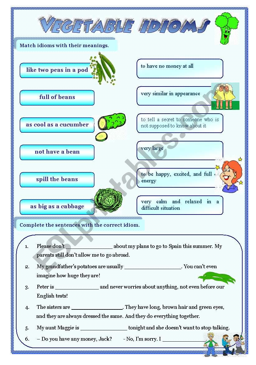 idioms 2 - vegetable idioms worksheet