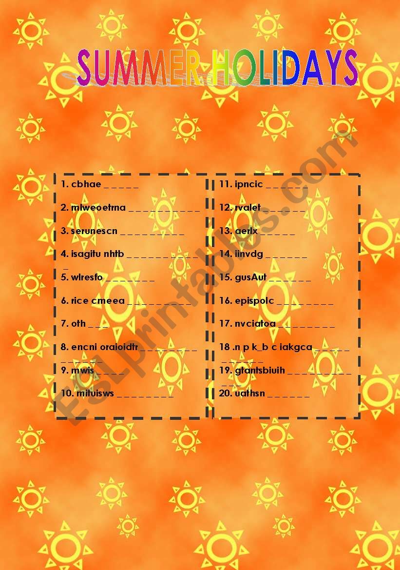 Summer Holiday Word Jumble worksheet