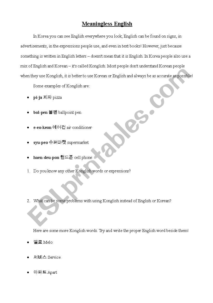 meaningless english6 worksheet