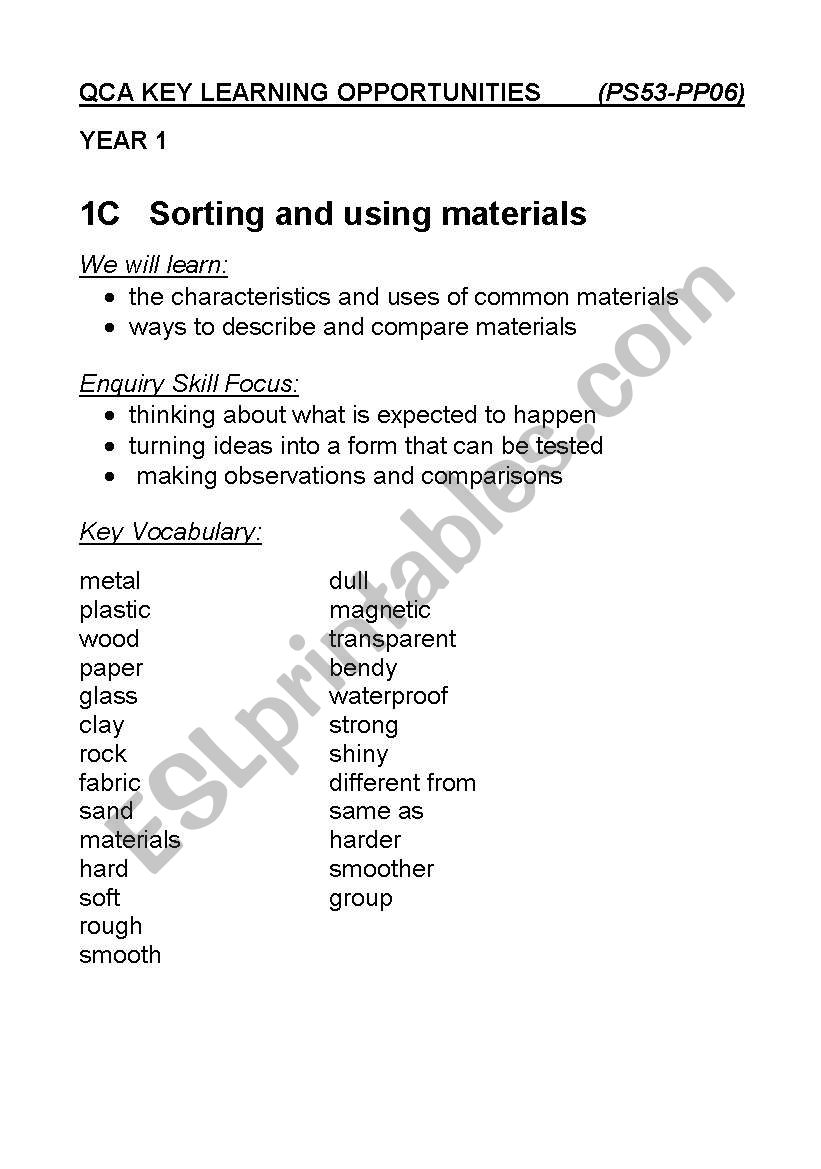 KEY LEARNING OPPORTUNITIES  worksheet