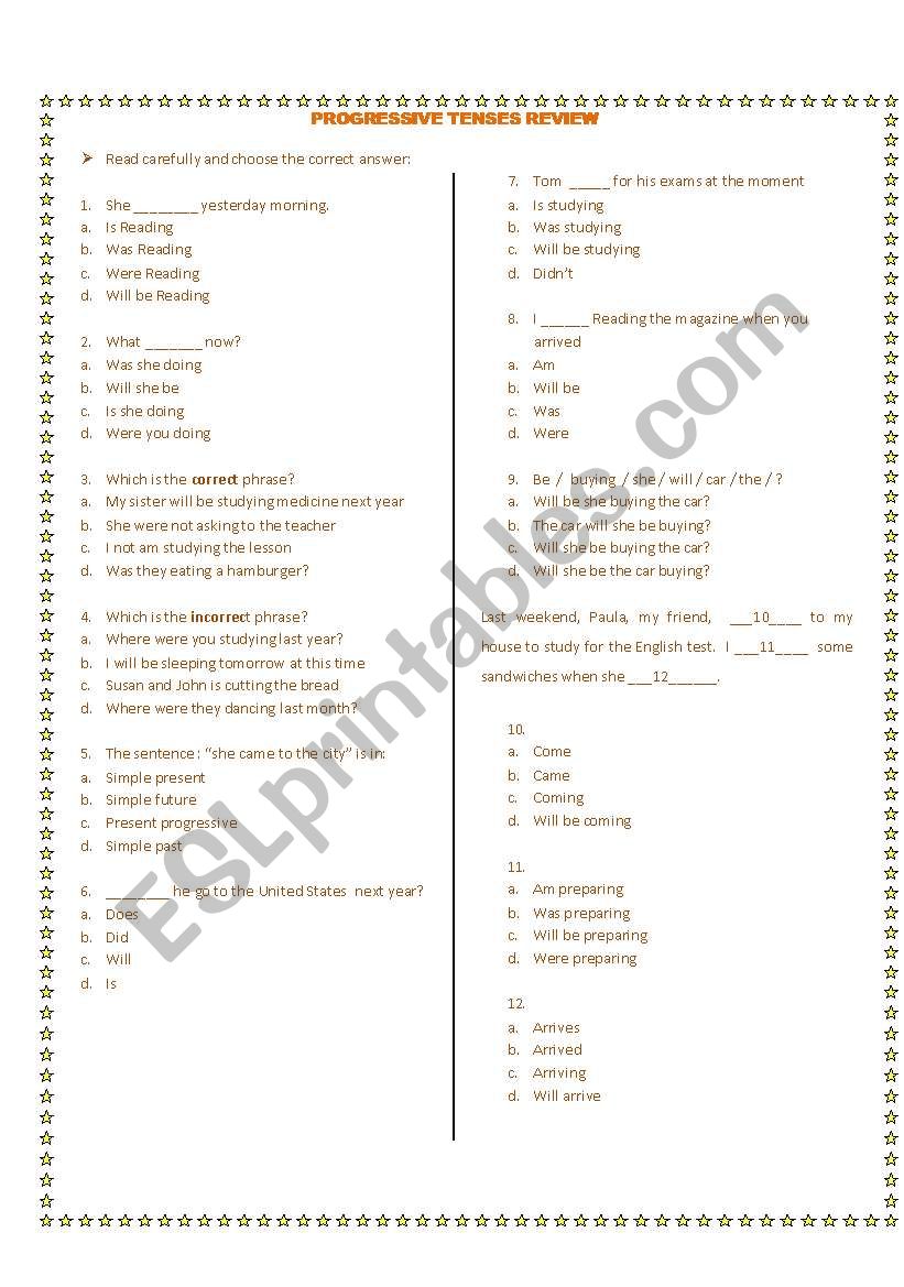Progressive Tenses Review worksheet