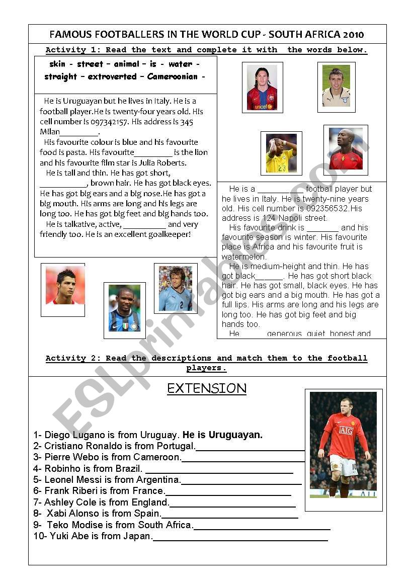 Footballers in focus worksheet