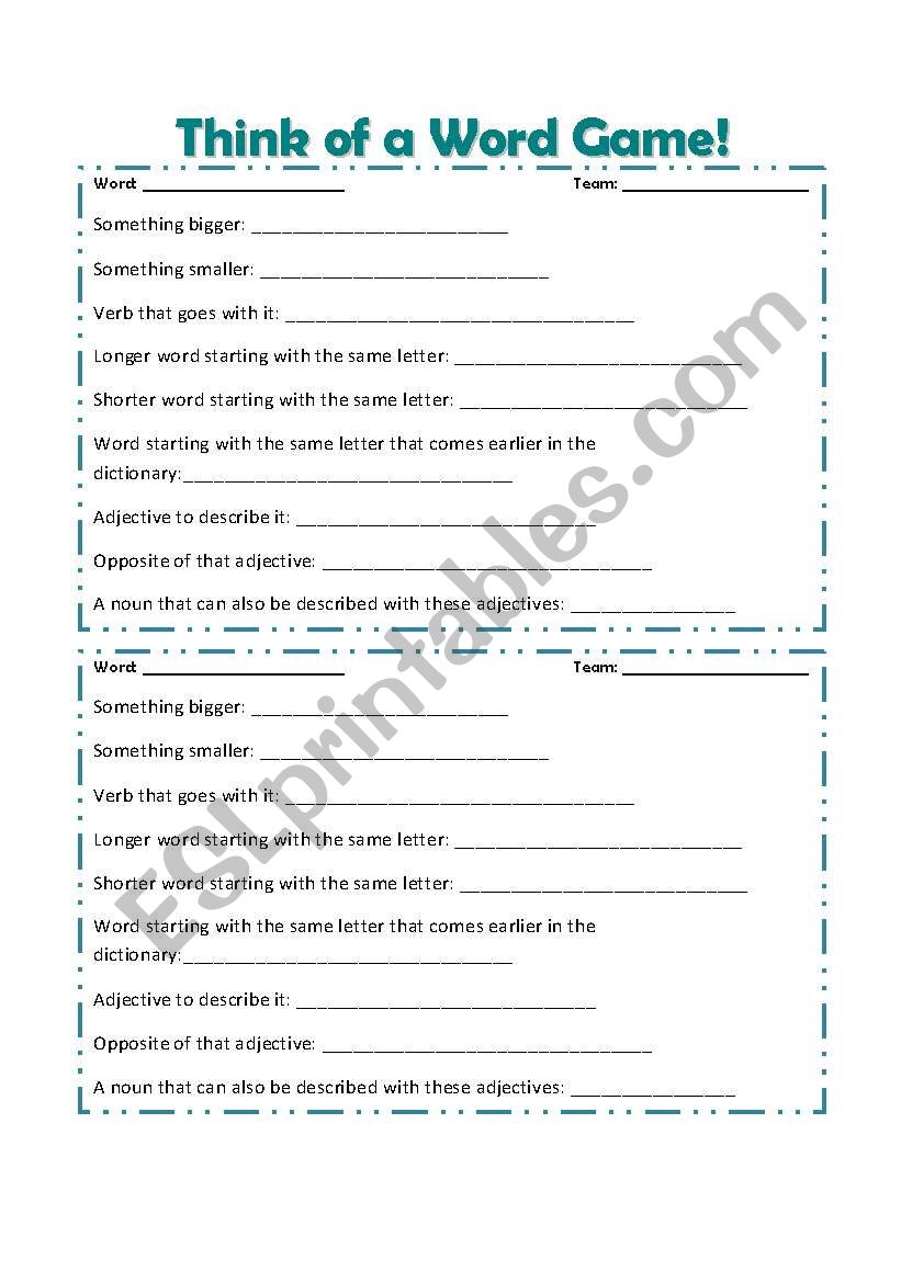 Think of a word game worksheet