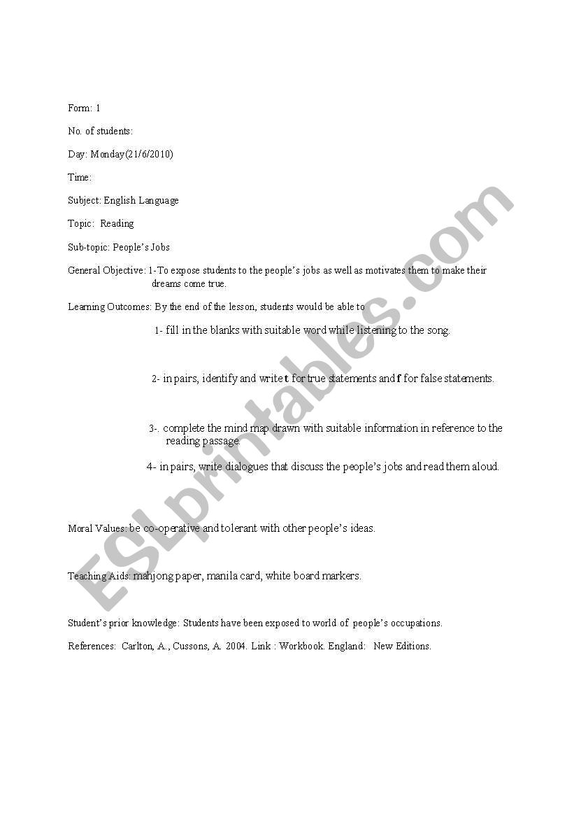 SAMPLE OF LESSON PLAN worksheet