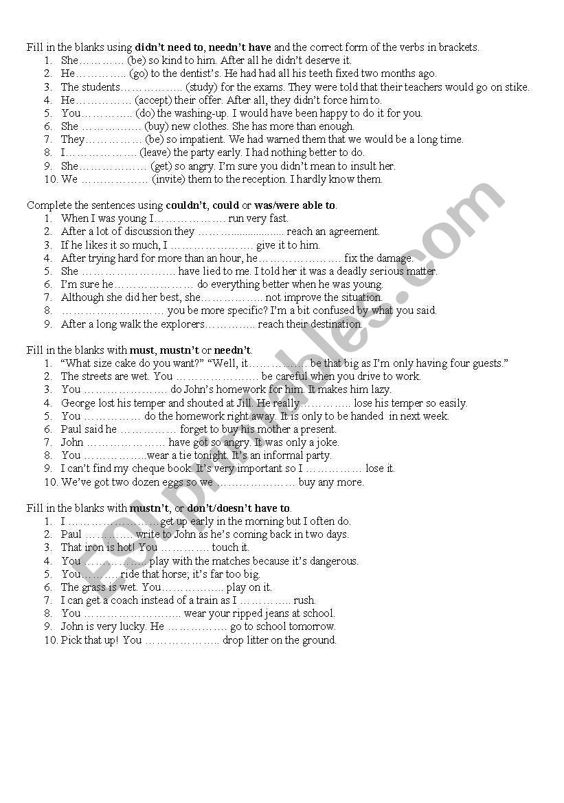 modals fill-in exercises worksheet
