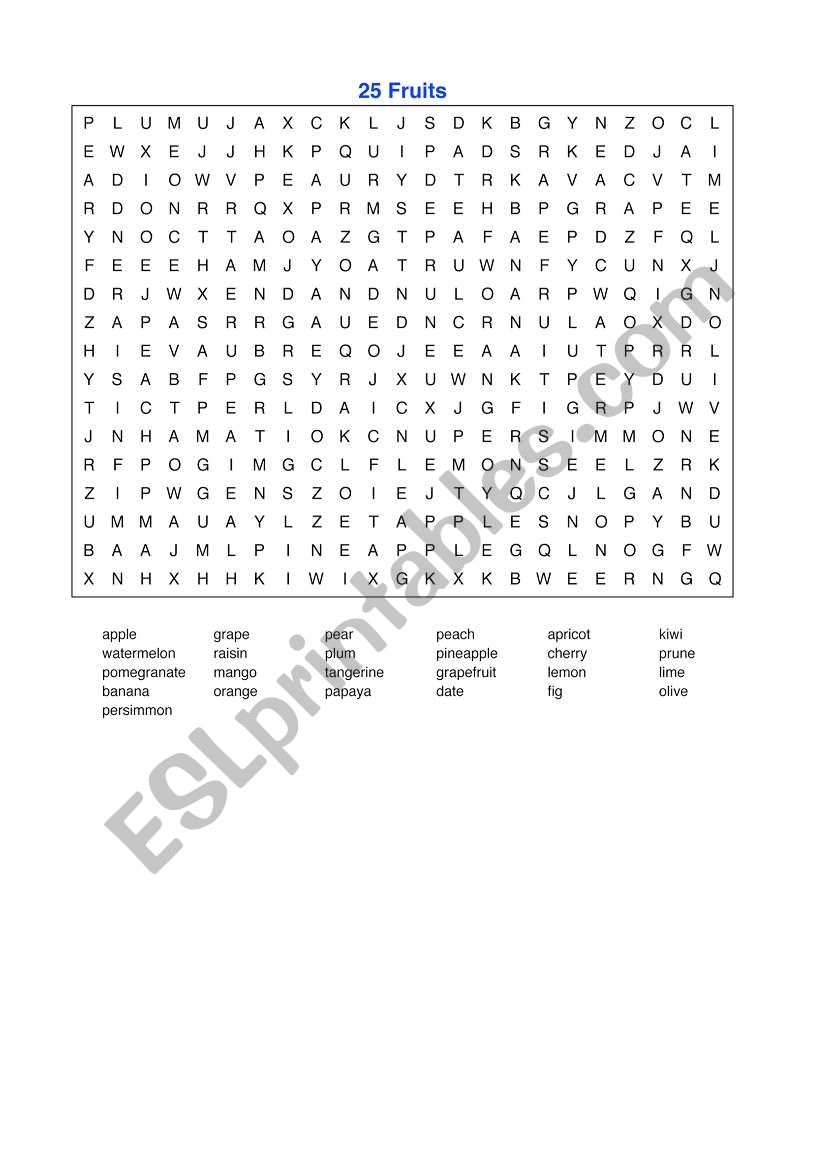 25 Fruits Crossword worksheet