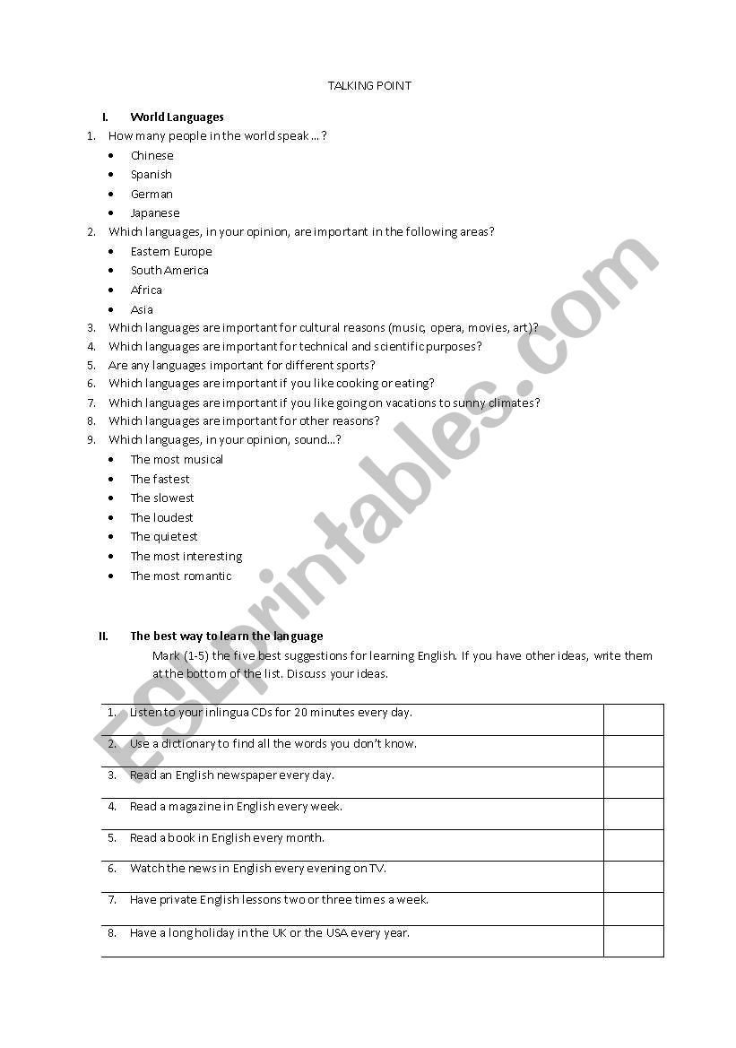 Languages of the World worksheet