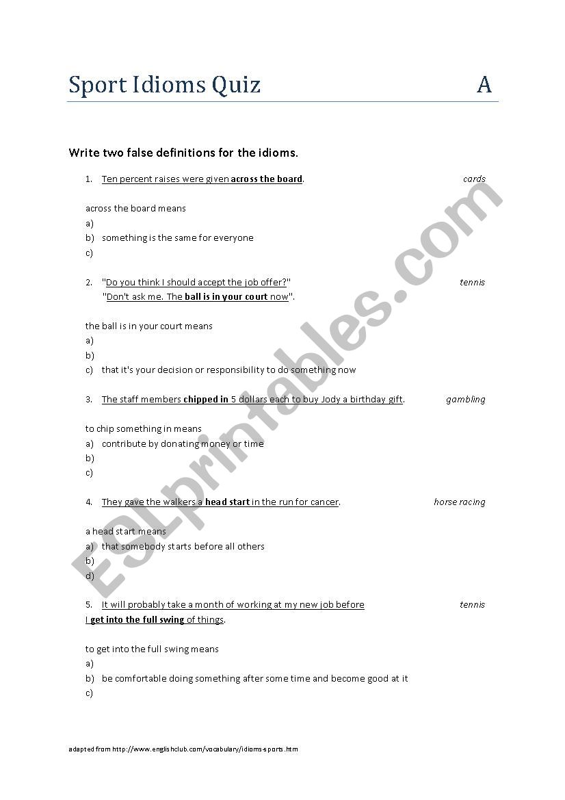 Sport Idioms Quiz Group A worksheet