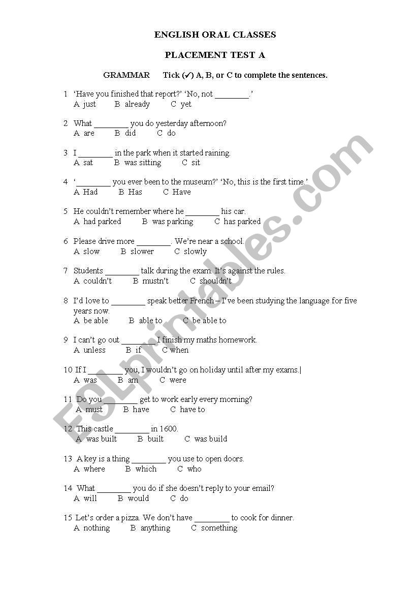 PLACEMENT TEST (vocabulary, grammar, writing)