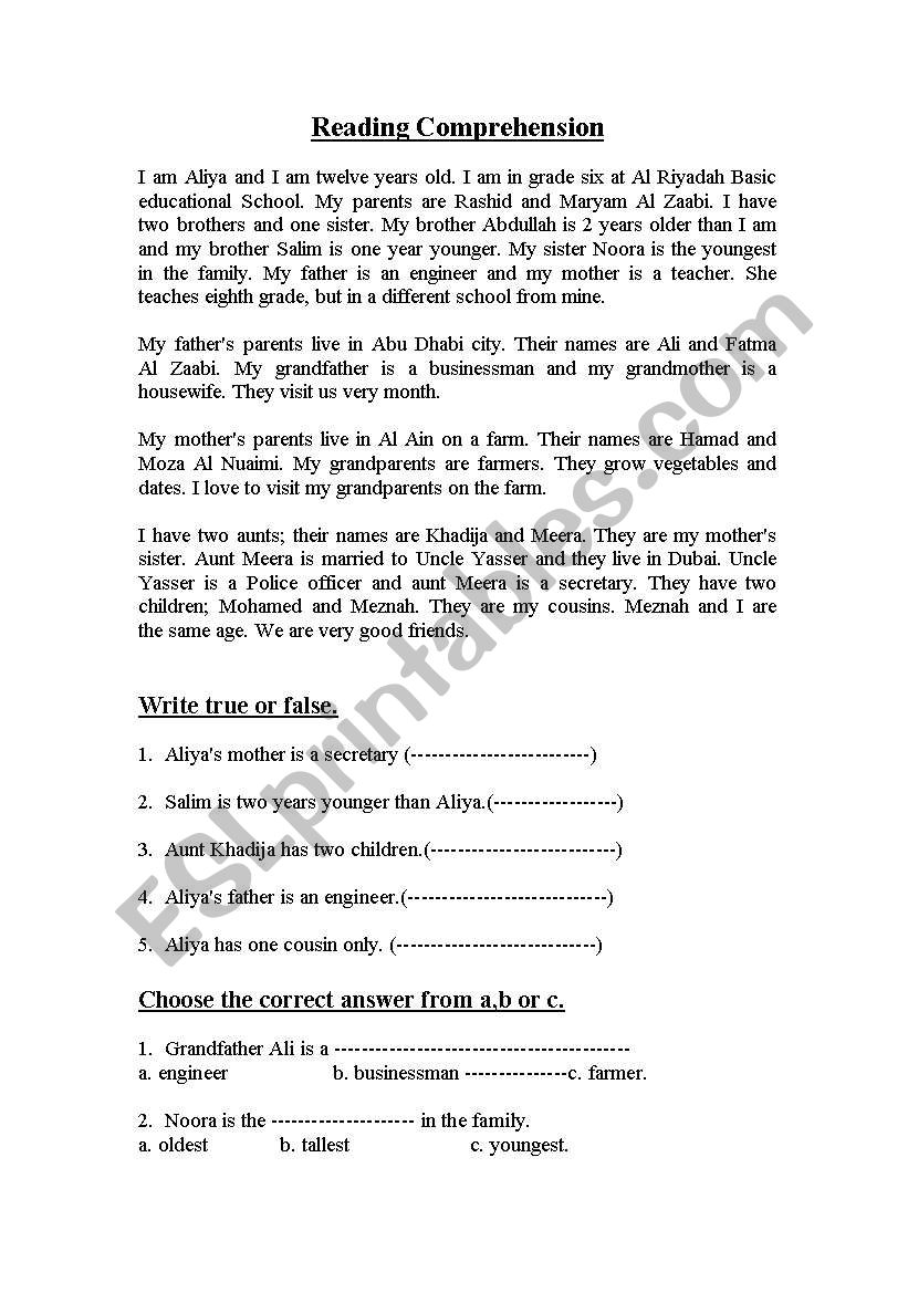 Reading Comprehension worksheet