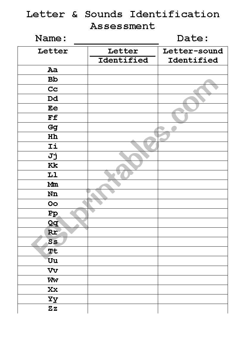 Letter and sounds Assessment worksheet
