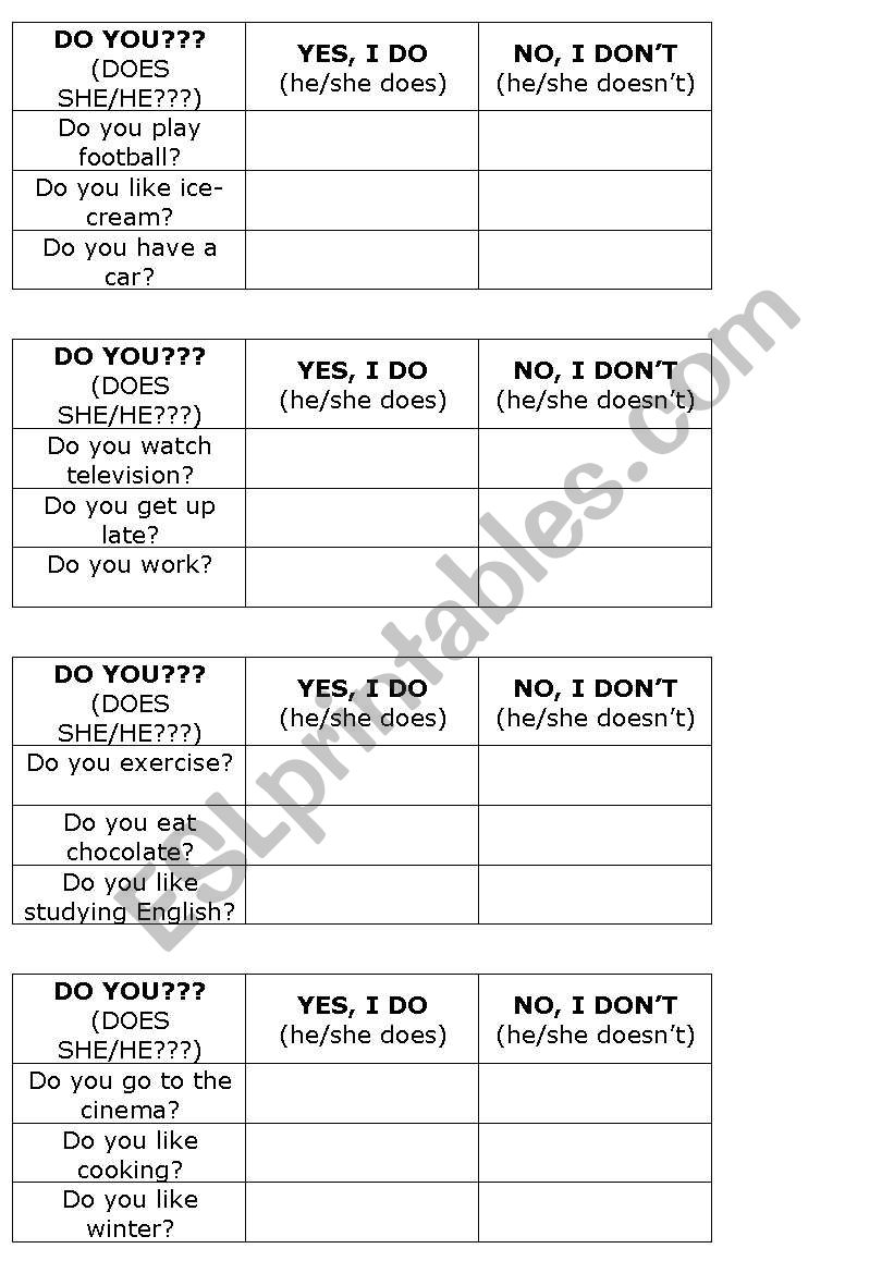 short answers game - present simple questions