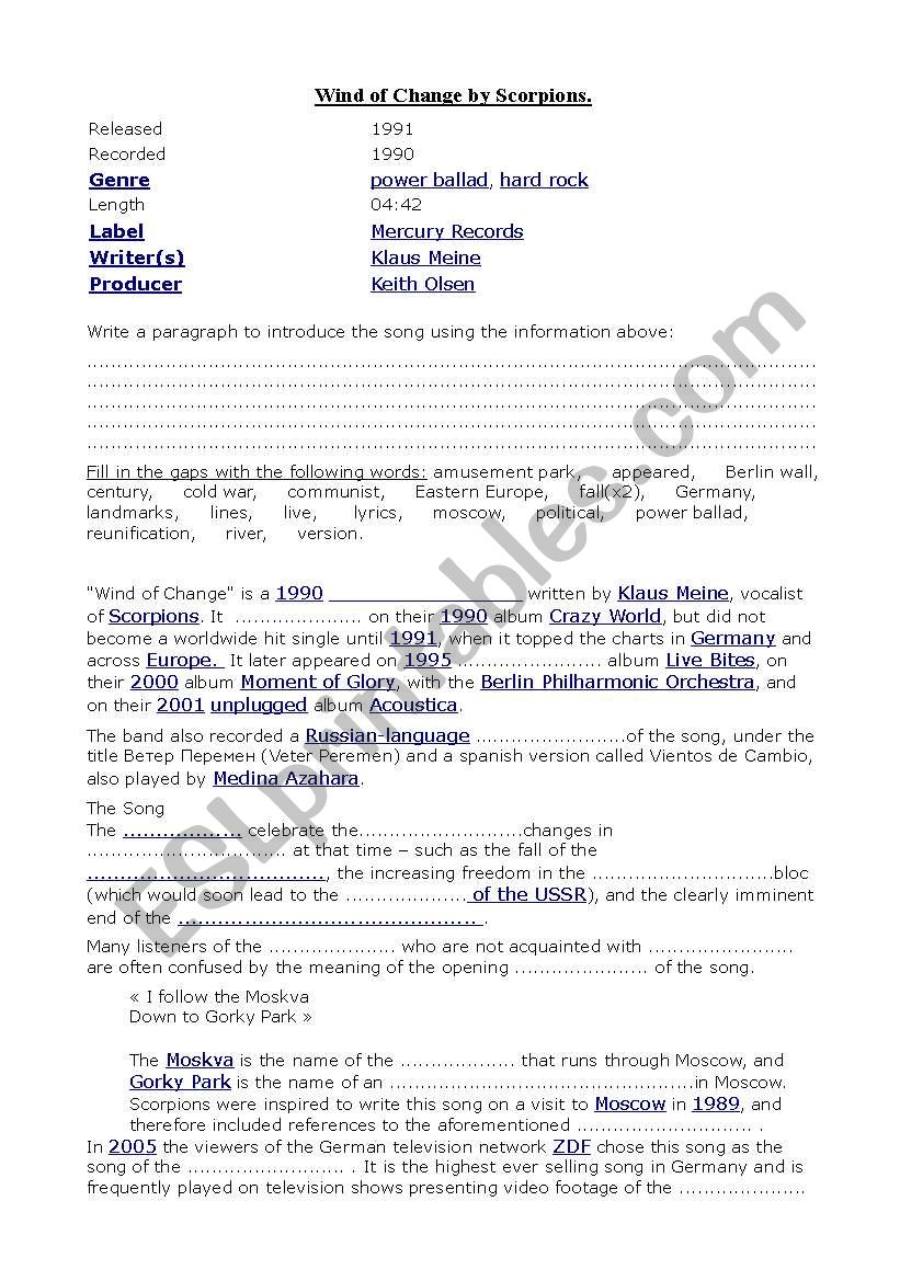 wind of change by Scorpions worksheet