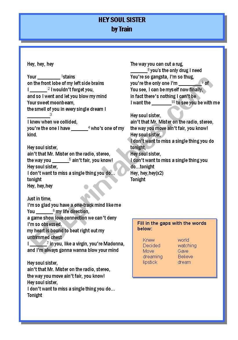 Hey, Soul Sister worksheet