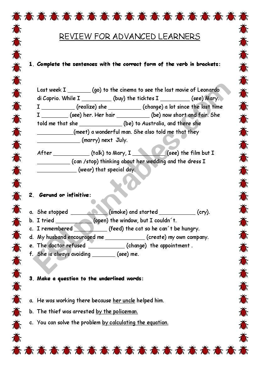 REVIEW FOR ADVANCED LEARNERS worksheet