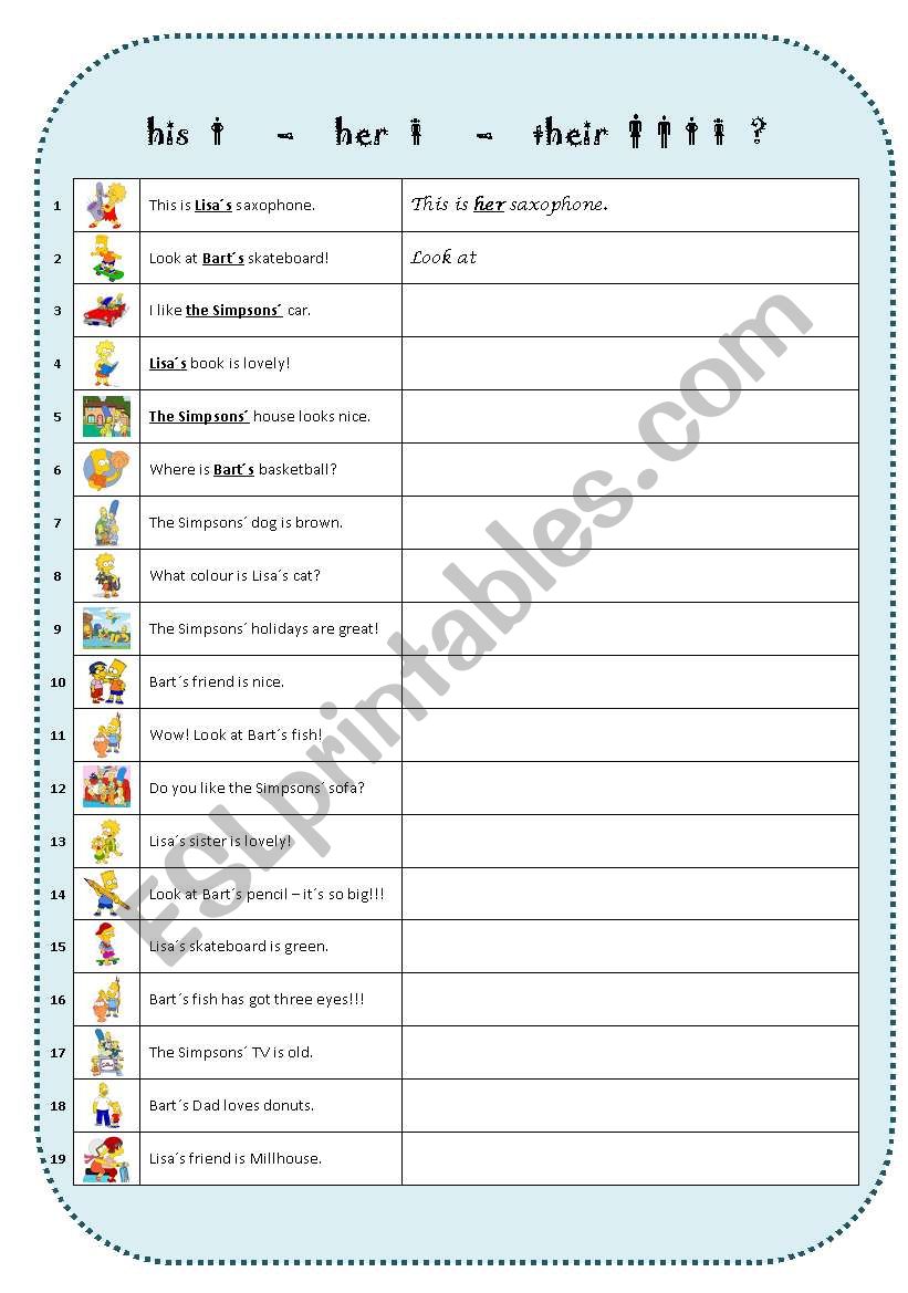 possessive adjectives (him, her, them) with the Simpsons