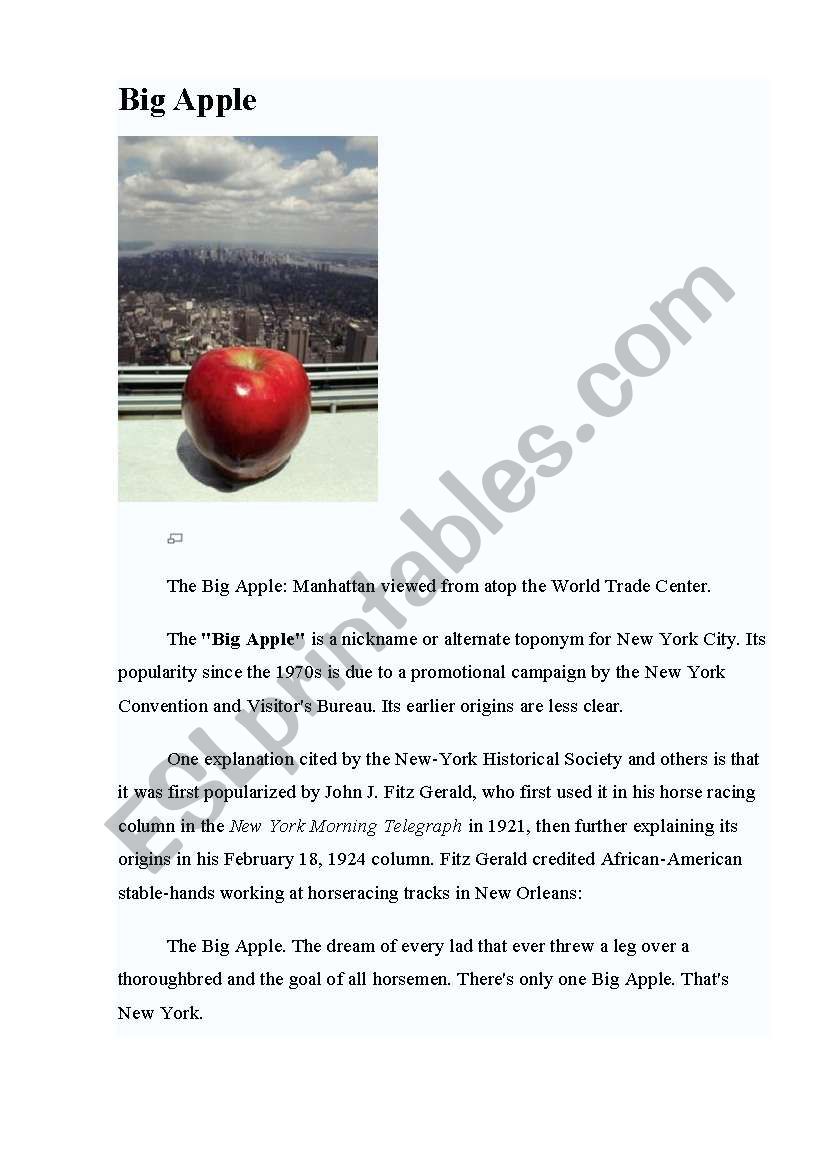 Big Apple worksheet