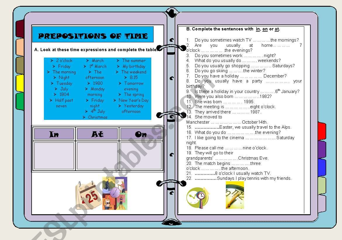 Time Prepositions - in/on/at worksheet