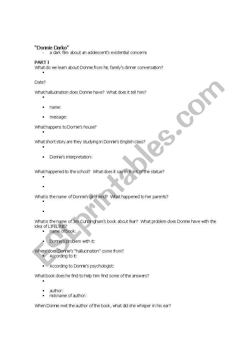 Donnie Darko - the film  worksheet