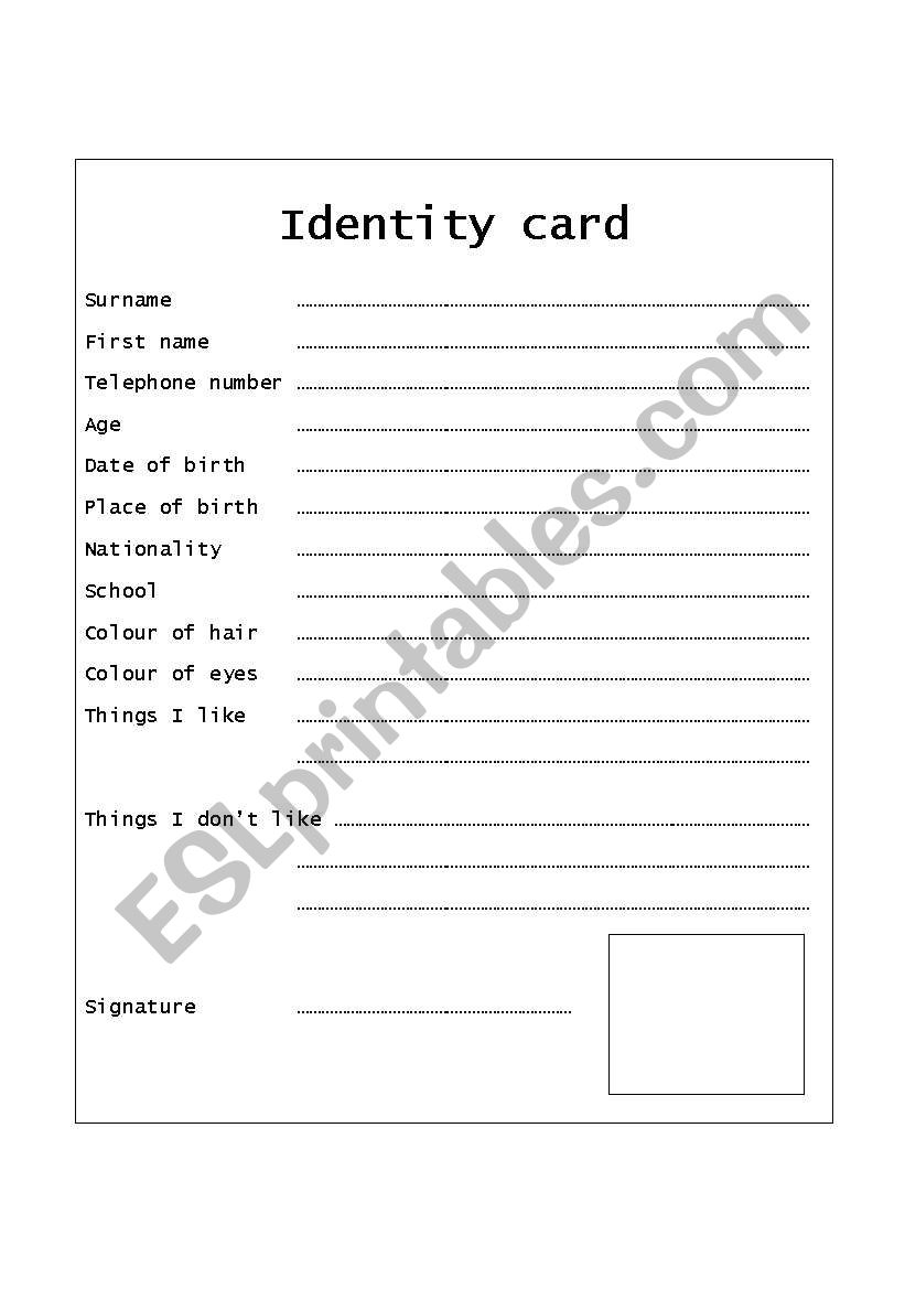 identity card worksheet