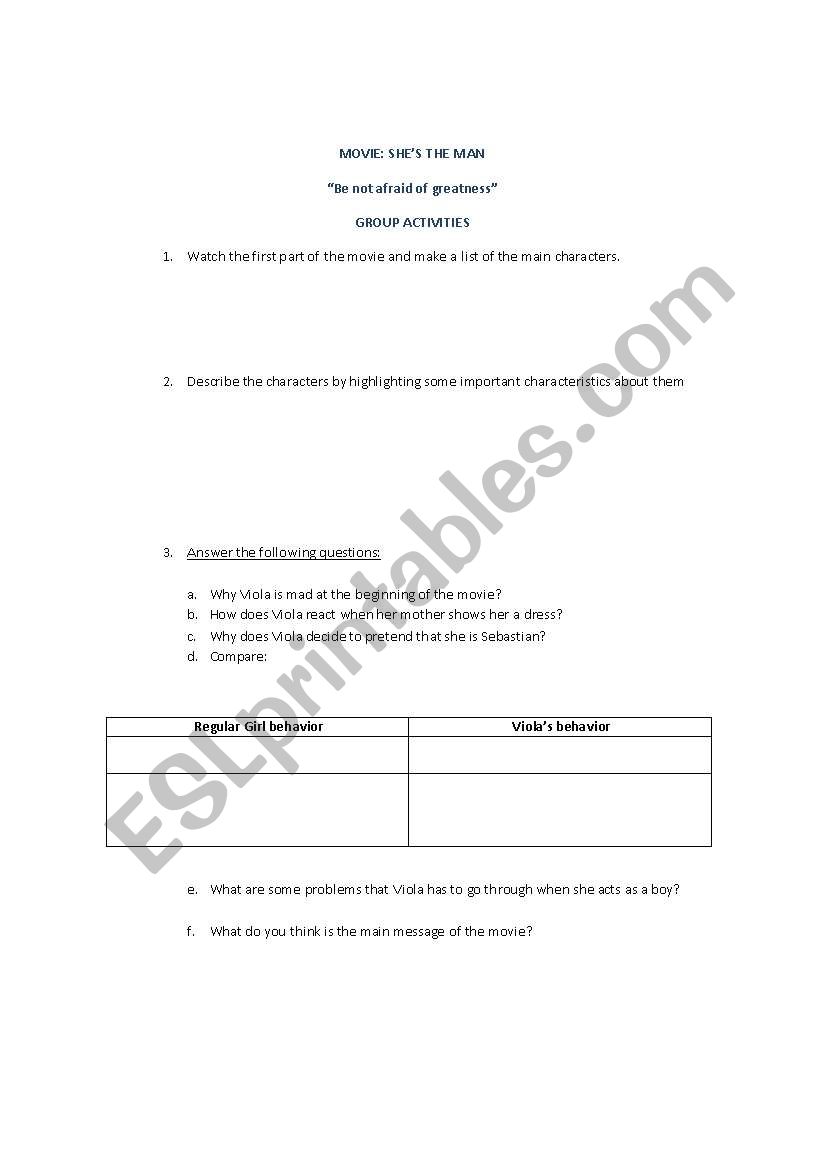 movie Shes the man worksheet