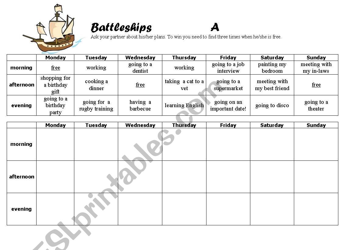 Battleships (Present Continuous for arranged plans)