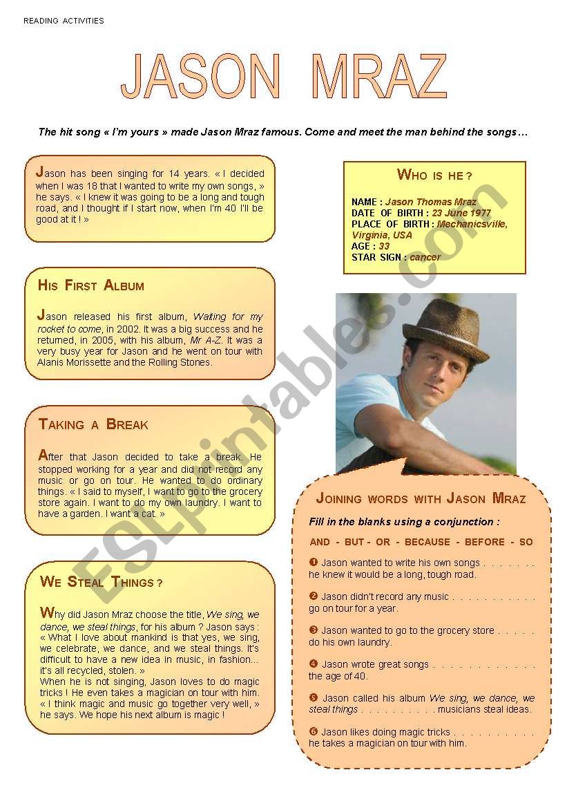 JASON   MRAZ   IÂ´m yours worksheet