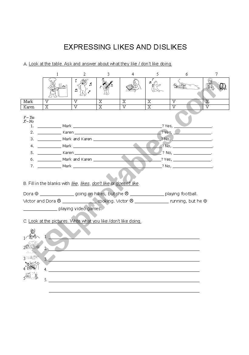 EXPRESSING LIKES AND DISLIKES worksheet