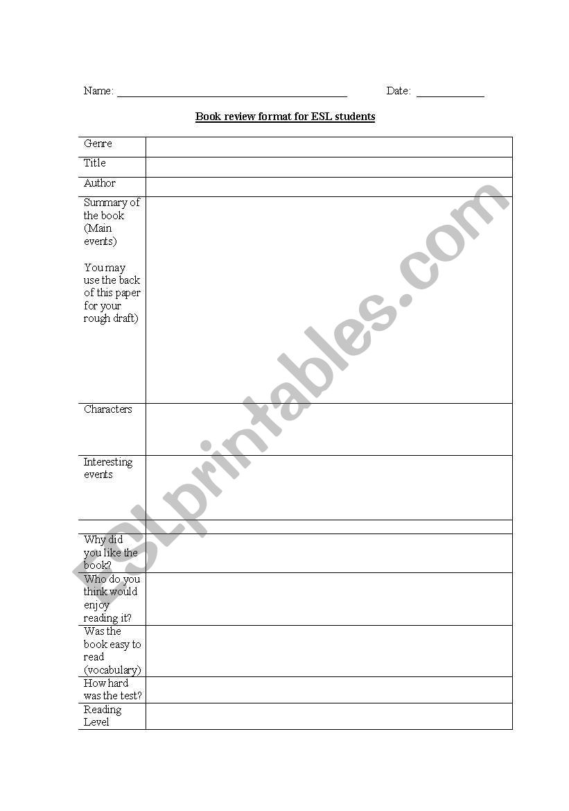 Book review Format for ESL students