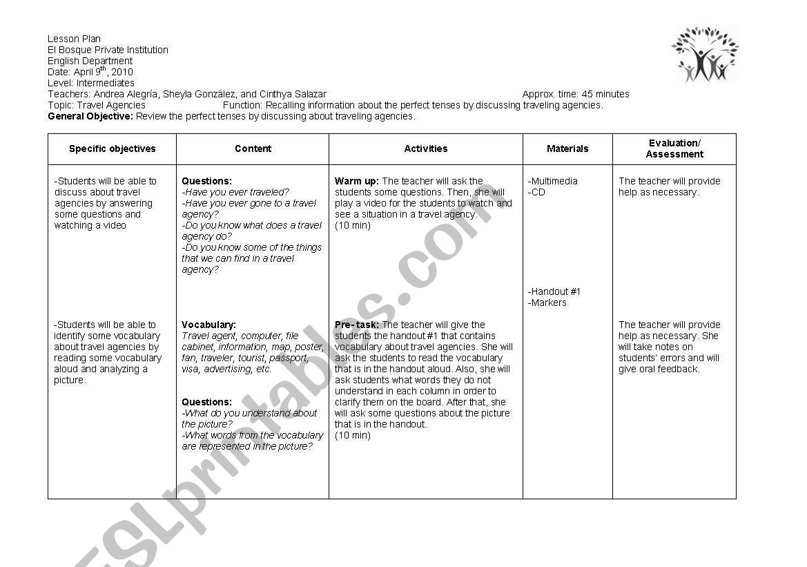 travel agency worksheet