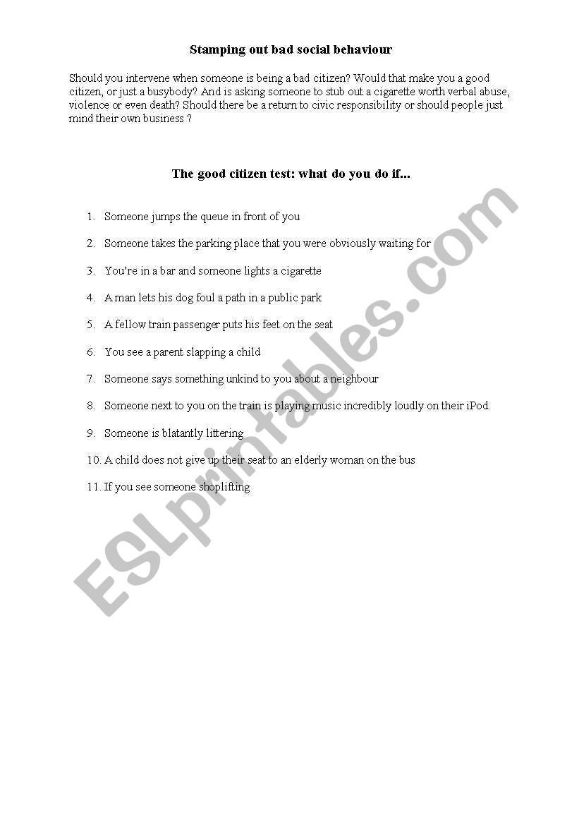 Stamping our bad social behaviour. Discussion worksheet part 1