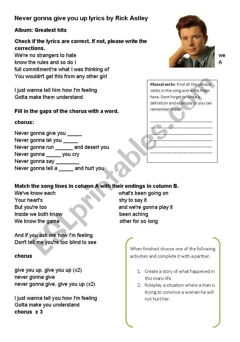 song never gonna give you up worksheet