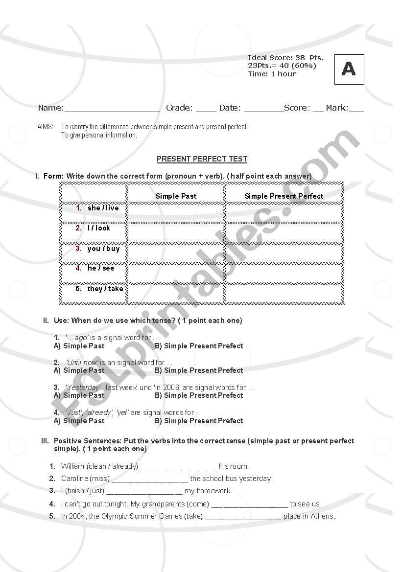 Present perfect test Form A worksheet