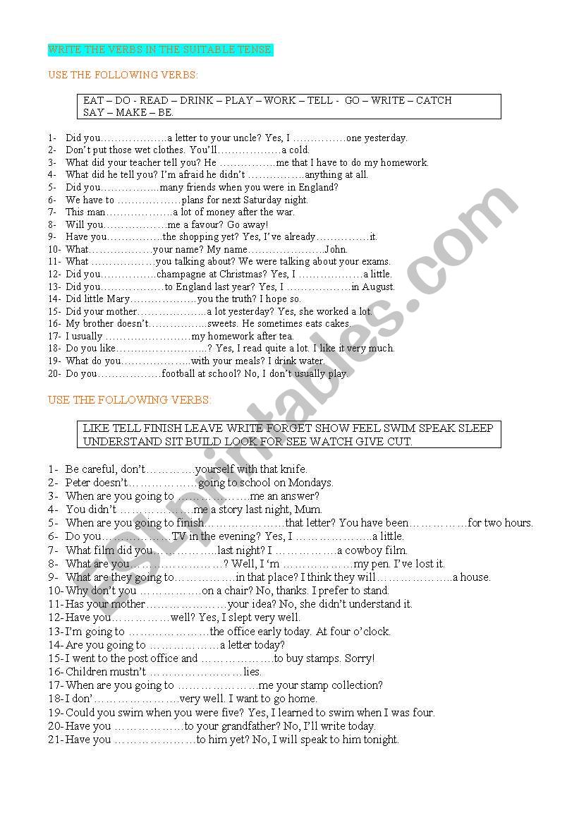 WRITE THE CORRECT VERB IN THE CORRECT TENSE ESL Worksheet By Montseteacher