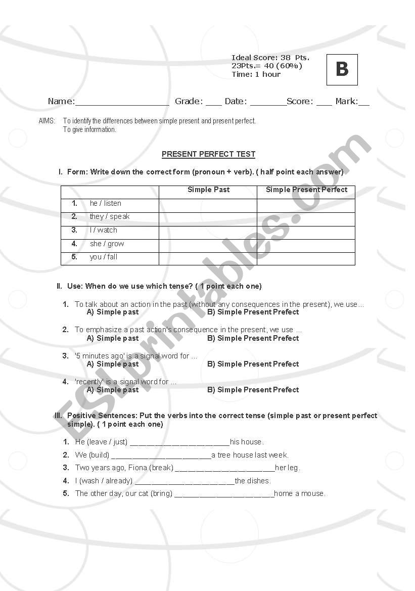 Present perfect test Form B worksheet