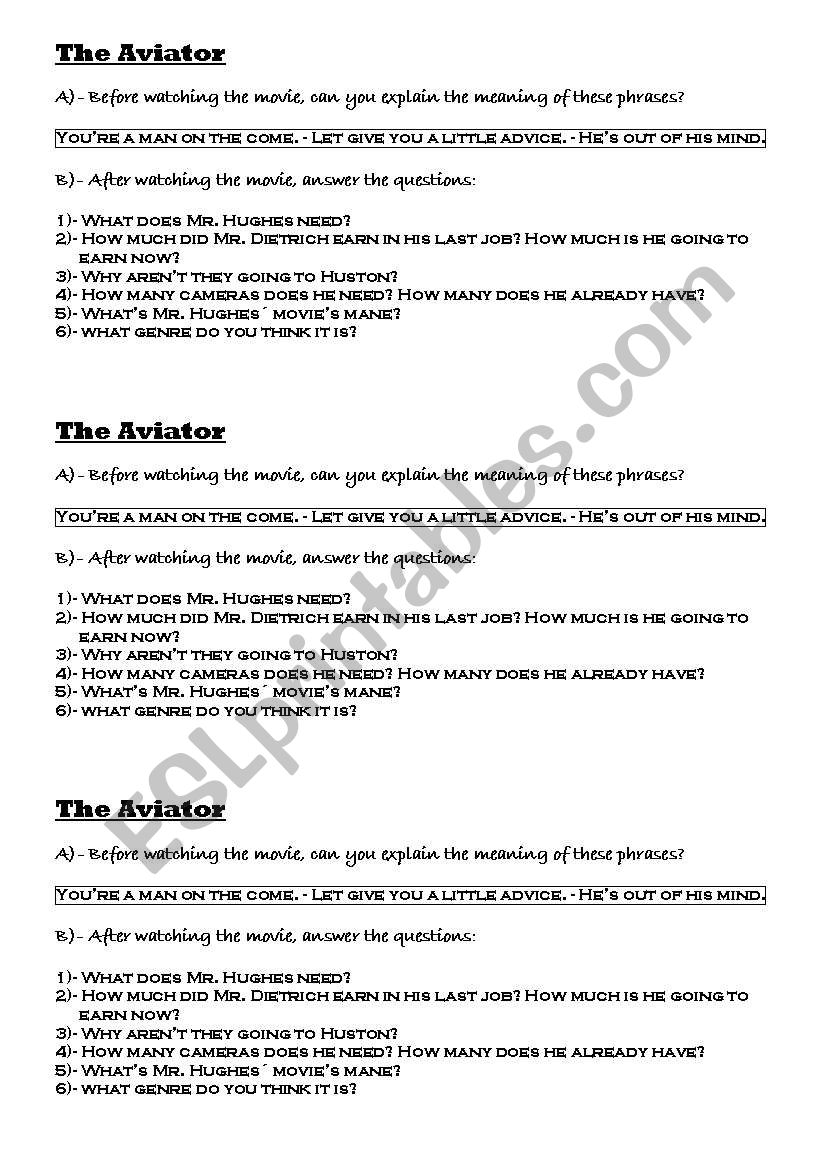 The aviator worksheet