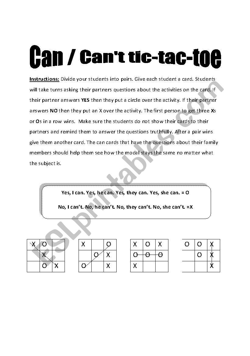Can, Cant Tic tac toe worksheet