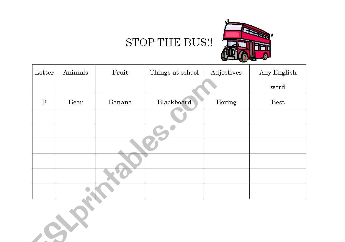 Stop The Bus worksheet