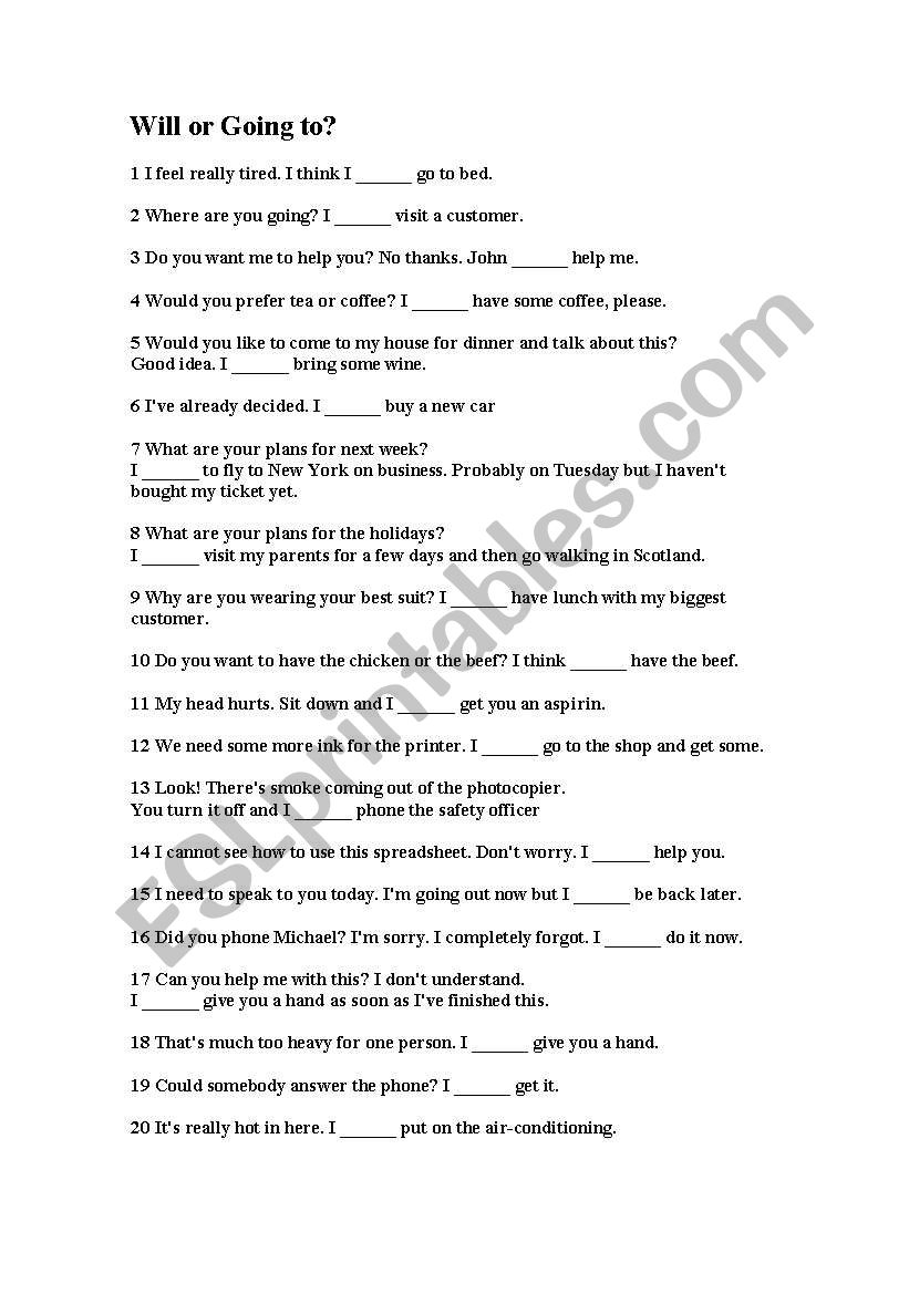 will and going to worksheet
