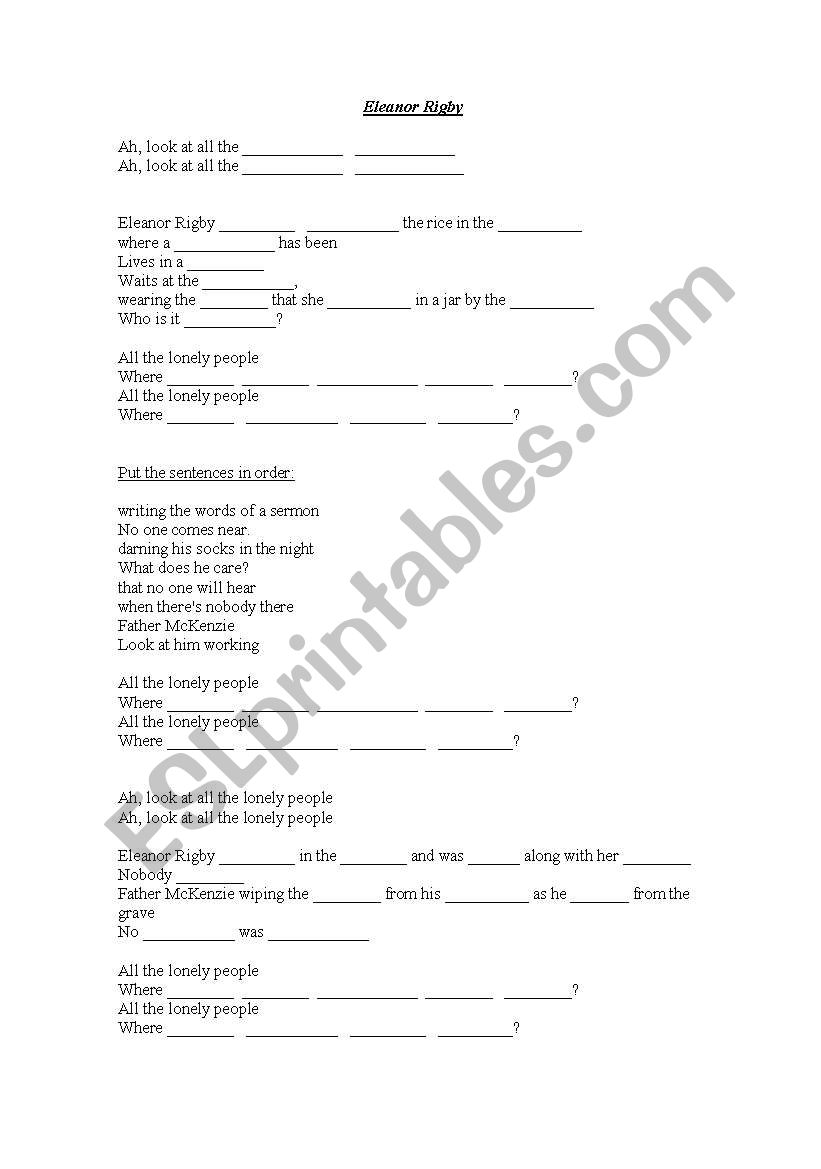 eleanor rigby worksheet