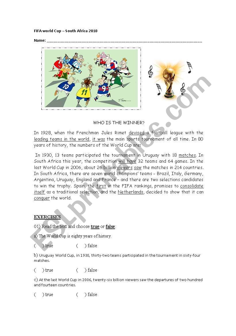 South Africa World Cup 2010 worksheet